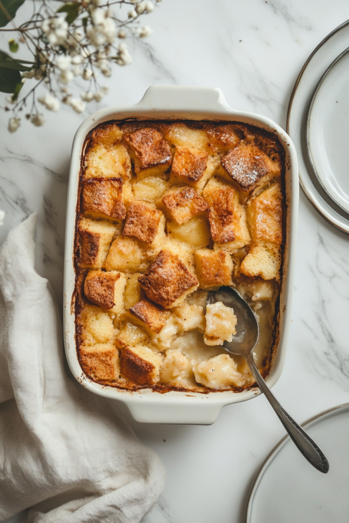 Top-down view of the finished bread pudding in a baking pan on a white marble countertop. A serving spoon scoops out a portion onto a plate, showcasing the golden-brown and moist texture.