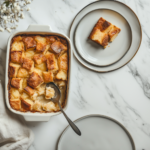 Top-down view of the finished bread pudding in a baking pan on a white marble countertop. A serving spoon scoops out a portion onto a plate, showcasing the golden-brown and moist texture.