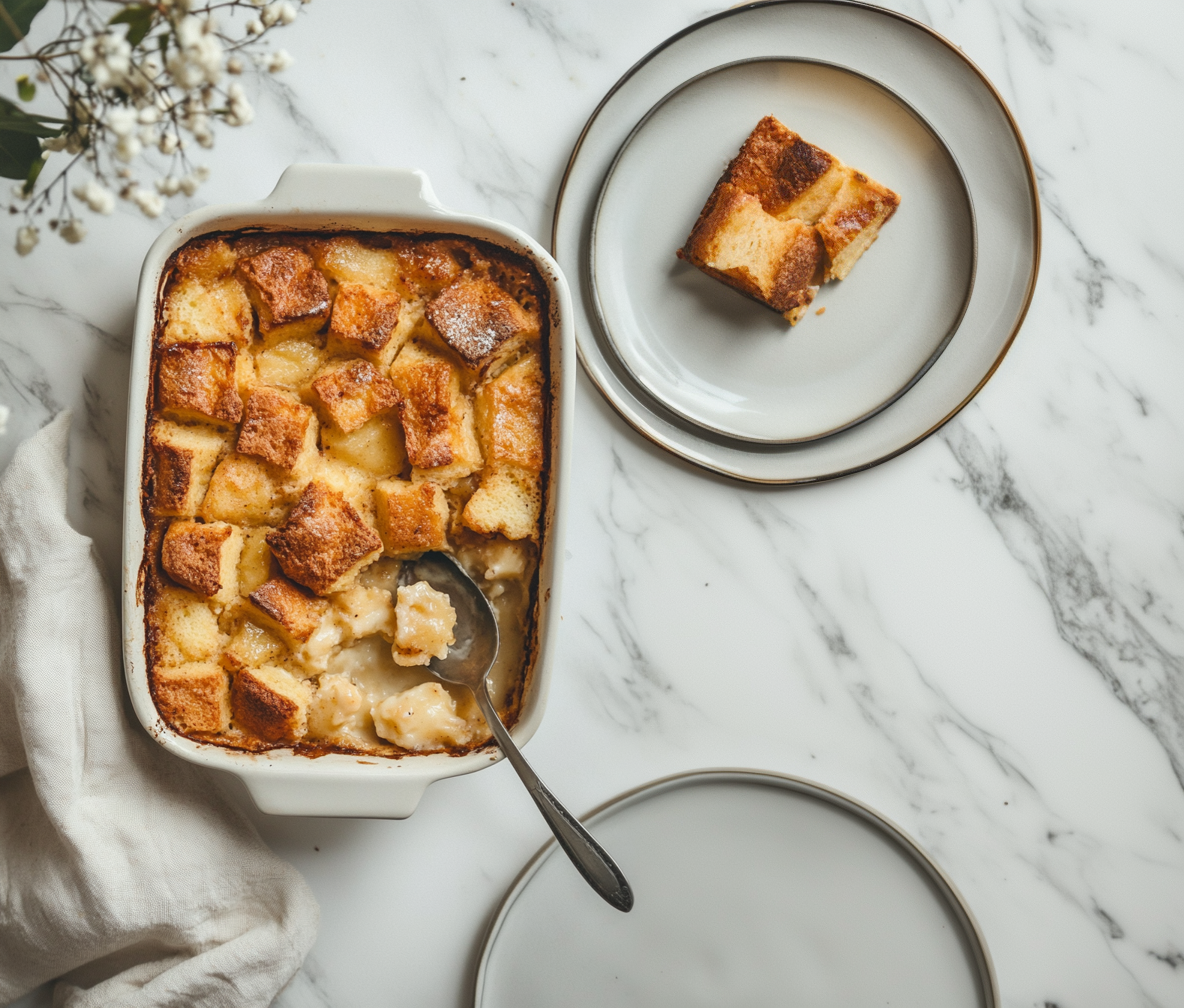 Top-down view of the finished bread pudding in a baking pan on a white marble countertop. A serving spoon scoops out a portion onto a plate, showcasing the golden-brown and moist texture.