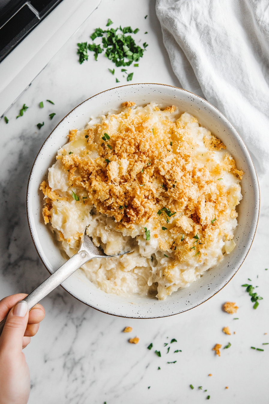 A top-down view of the finished dish being served from the slow cooker onto a plate on a clean kitchen countertop with a white marble cooktop background. The creamy, cheesy hash brown mixture with a crunchy cracker topping is being spooned onto the plate, ready to be enjoyed. The scene focuses on the rich texture and golden topping of the dish, with the plate and serving spoon clearly visible.