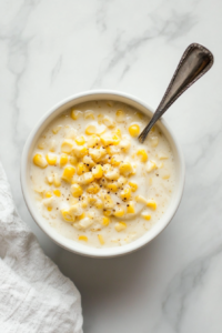 Top-down view of a white bowl filled with creamed corn, served on a white marble cooktop. The creamy sauce coats the corn evenly, and a spoon rests in the bowl, ready for serving. The presentation is clean and simple.