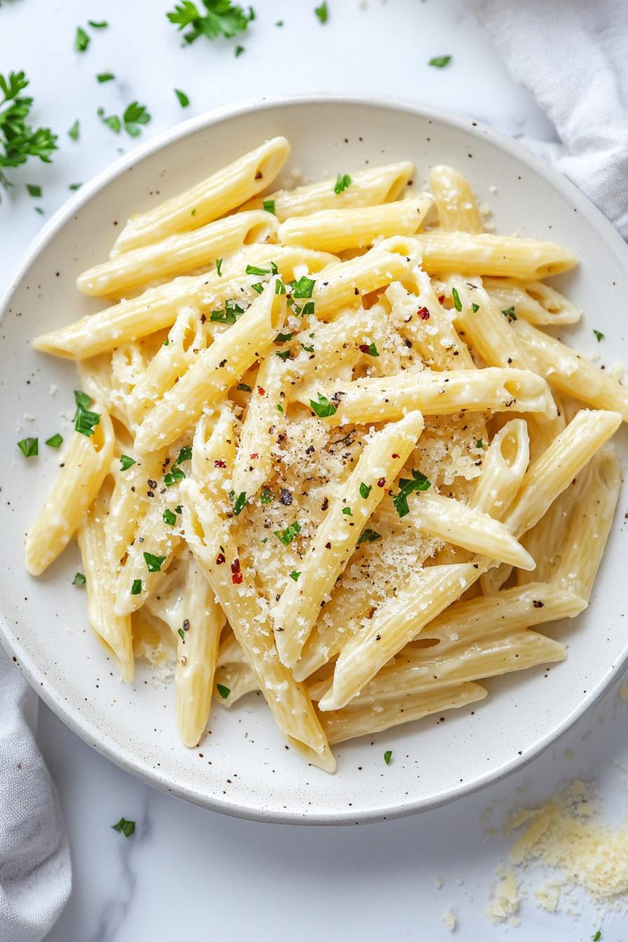 Top-down view of a plate of penne pasta in Parmesan garlic sauce, garnished with parsley flakes and grated Parmesan cheese. The simple, clean presentation is ready to be enjoyed on a white marble cooktop.