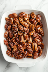 Top-down view of the cooled and hardened candied pecans arranged on a clean white serving dish on the white marble cooktop. The pecans are glossy, sugary, and crunchy, ready to be served as a snack or dessert topping. The scene highlights the shiny texture and golden-brown color of the candied pecans.