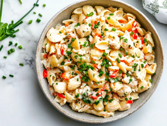 Top-down view of crab pasta salad garnished with freshly chopped chives, served in a large bowl on a white marble surface, ready to be enjoyed