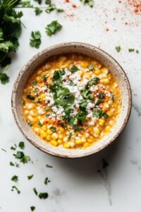 Top-down view of the warm Mexican street corn dip served in a bowl, garnished with extra cotija cheese and cilantro. The creamy, colorful dip is ready to be enjoyed, highlighting the fresh toppings.