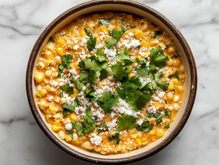 Top-down view of the warm Mexican street corn dip served in a bowl, garnished with extra cotija cheese and cilantro. The creamy, colorful dip is ready to be enjoyed, highlighting the fresh toppings.