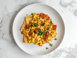 Top-down view of a serving of Mexican-style migas on a clean white plate on a white marble cooktop. The plate features a hearty portion of crispy tortillas, scrambled eggs, rich tomato sauce, and melted Monterey Jack cheese. The scene highlights the rustic, flavorful presentation of the migas, ready to be enjoyed hot.