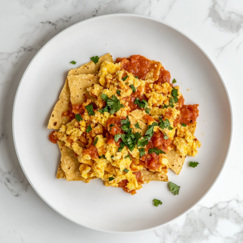 Top-down view of a serving of Mexican-style migas on a clean white plate on a white marble cooktop. The plate features a hearty portion of crispy tortillas, scrambled eggs, rich tomato sauce, and melted Monterey Jack cheese. The scene highlights the rustic, flavorful presentation of the migas, ready to be enjoyed hot.