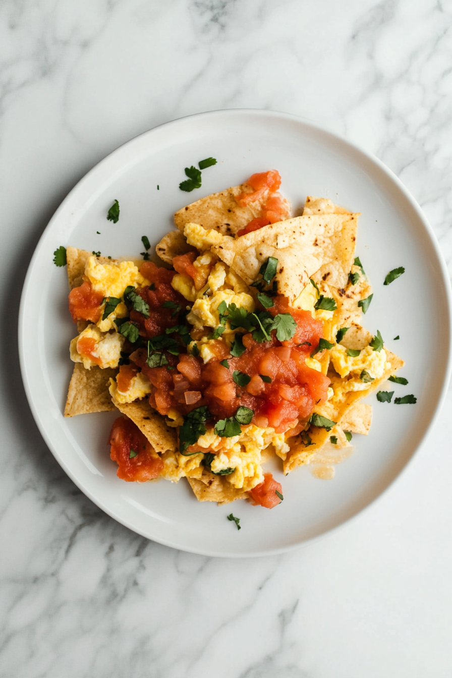 Top-down view of a serving of Mexican-style migas on a clean white plate on a white marble cooktop. The plate features a hearty portion of crispy tortillas, scrambled eggs, rich tomato sauce, and melted Monterey Jack cheese. The scene highlights the rustic, flavorful presentation of the migas, ready to be enjoyed hot.