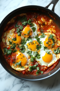 Top-down view of the skillet with 1 can of Mexican-style hot tomato sauce and ½ cup of water stirred into the egg and tortilla mixture. The mixture simmers for 10 minutes, thickening slightly. The scene highlights the rich tomato sauce coating the eggs and tortillas as the flavors meld together.