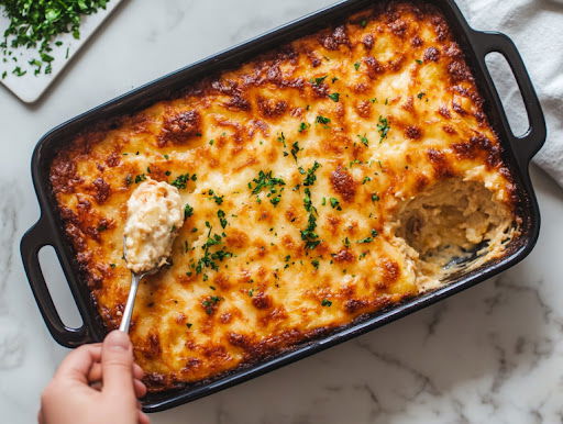 this image shows slicing Golden brown vegan breakfast casserole in the Baked Dish