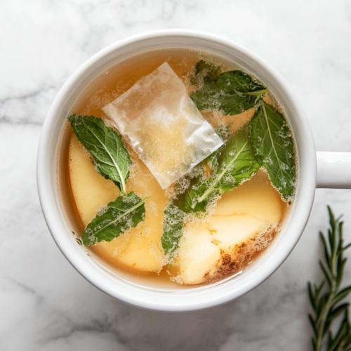 This image shows a beautifully served cup of Starbucks Medicine Ball Tea, with a lemon slice garnish, a drizzle of honey on the side, and fresh mint leaves for a refreshing and comforting presentation