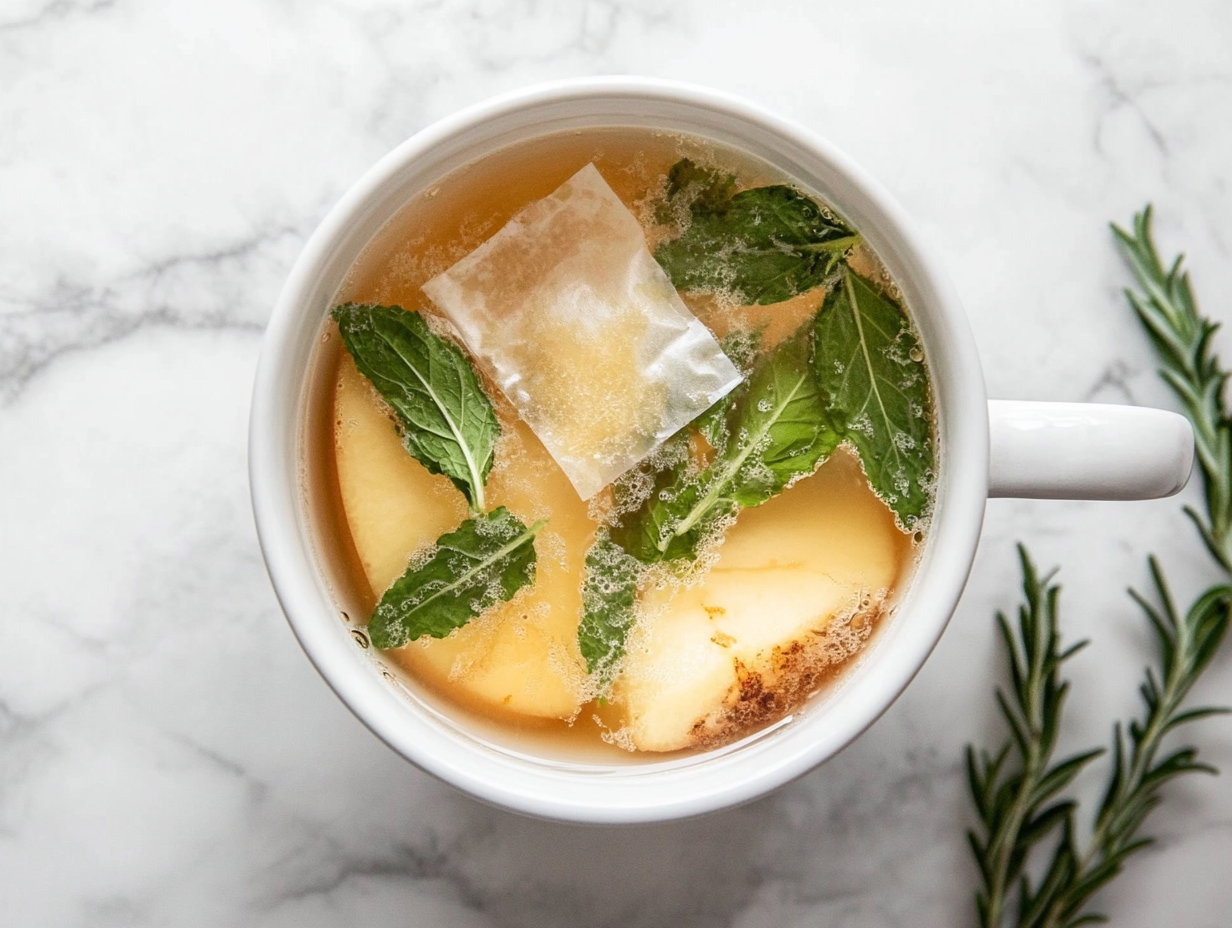 This image shows a beautifully served cup of Starbucks Medicine Ball Tea, with a lemon slice garnish, a drizzle of honey on the side, and fresh mint leaves for a refreshing and comforting presentation