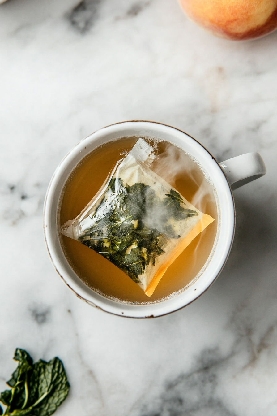 This image shows two tea bags, one jade citrus mint and one peach tranquility, steeping in the hot lemonade and honey mixture in a clear glass mug.