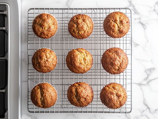 this image show freshly baked golden brown vegan morning glory muffins on a cooling rack