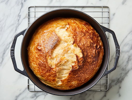 this image shows baked no knead bread in a dutch oven