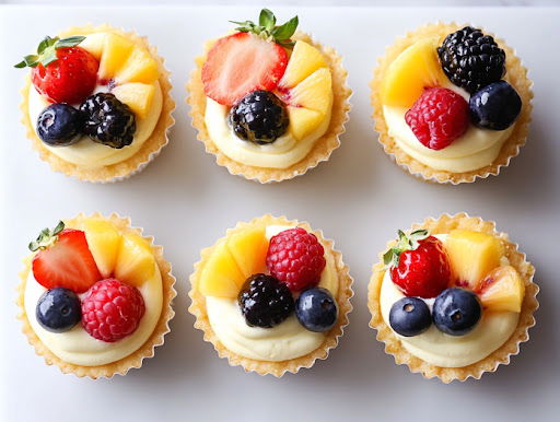 this image shows cheesecake cusps topped with chopped fruits