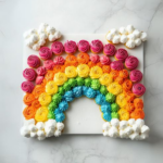 this image shows colourful cupcakes arranged in the form of a rainbow and clouds