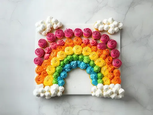 this image shows colourful cupcakes arranged in the form of a rainbow and clouds