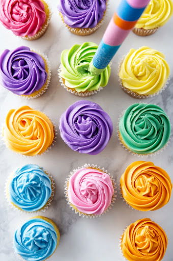 this image shows cupcakes being iced in raibow colours