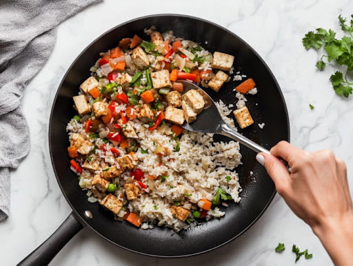 this image shows delicious vegan fried rice with tasty vegetables and soft rice.