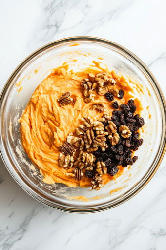 this image shows grated carrots, chopped walnuts, and raisins in a bowl