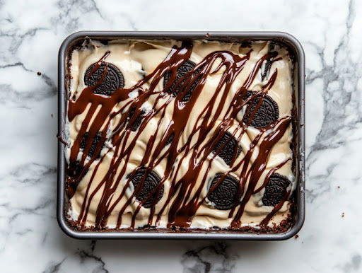 this image shows simple oreo cake in a baking dish ready to be served