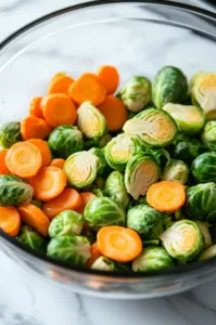 Halved Brussels sprouts and trimmed carrots being tossed in the maple glaze until evenly coated.