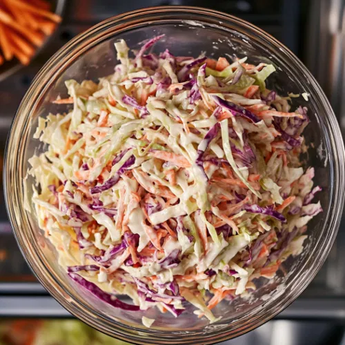 Top-down view of the finished coleslaw in a large bowl covered with plastic wrap, placed in the refrigerator to chill for at least 2 hours before serving.