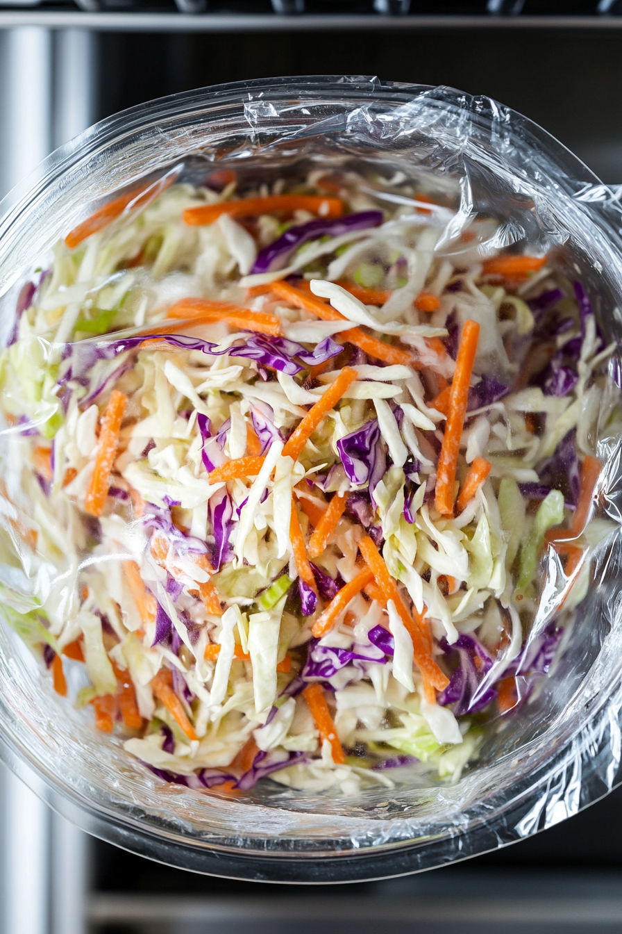 Top-down view of the finished coleslaw in a large bowl covered with plastic wrap, placed in the refrigerator to chill for at least 2 hours before serving.