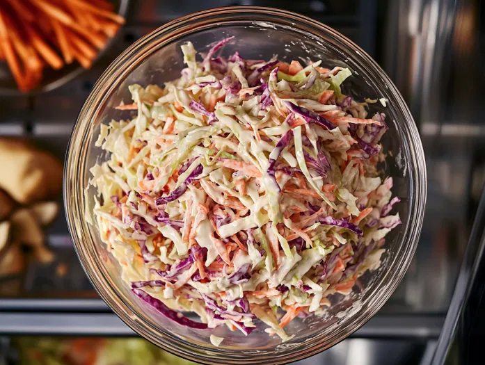 Top-down view of the finished coleslaw in a large bowl covered with plastic wrap, placed in the refrigerator to chill for at least 2 hours before serving.