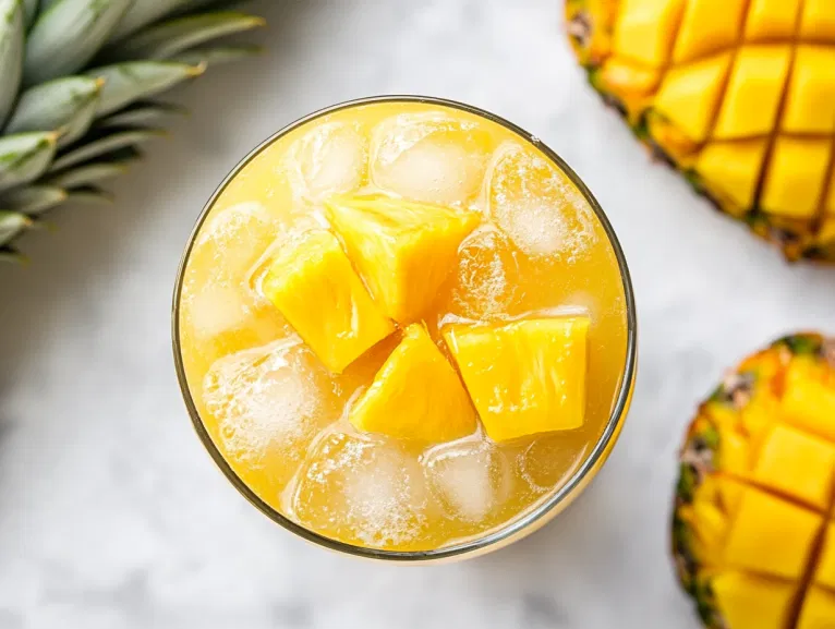 Top-down view of chilled tropical lemonade being poured into glasses filled with ice, garnished with a slice of pineapple or mango, ready to serve on a white marble surface.