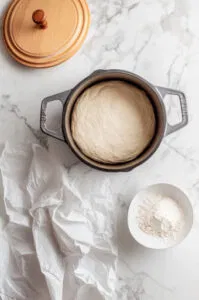 this is an image of bread dough in a Dutch oven with its lid