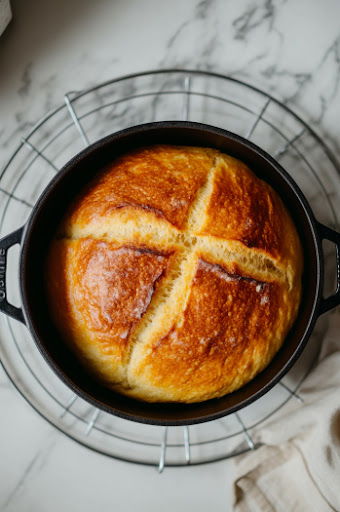 this is an image of baked Easy No Knead Bread in a black baking dish