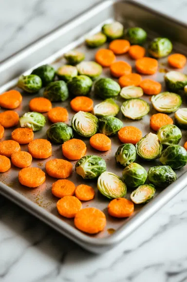 Brussels sprouts and carrots arranged in a single layer on a large baking sheet, spaced out for even roasting.