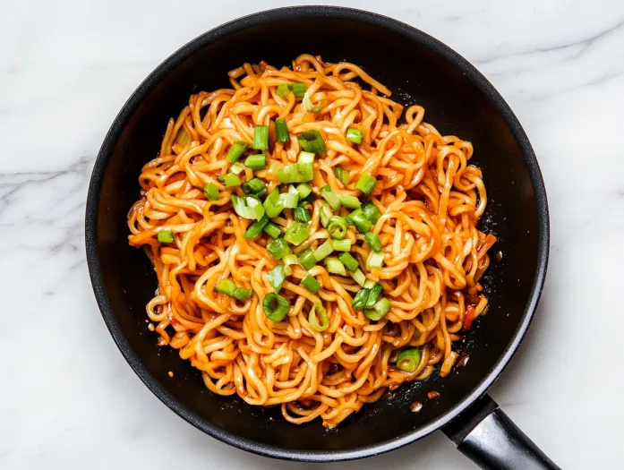 Top-down view of the completed noodle stir-fry in the skillet, garnished with thinly sliced green onions, sitting on a white marble countertop, ready to be served.