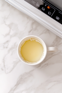 This image shows a microwave-safe mug filled with lemonade being heated in a microwave to make it warm for the Medicine Ball Tea recipe.