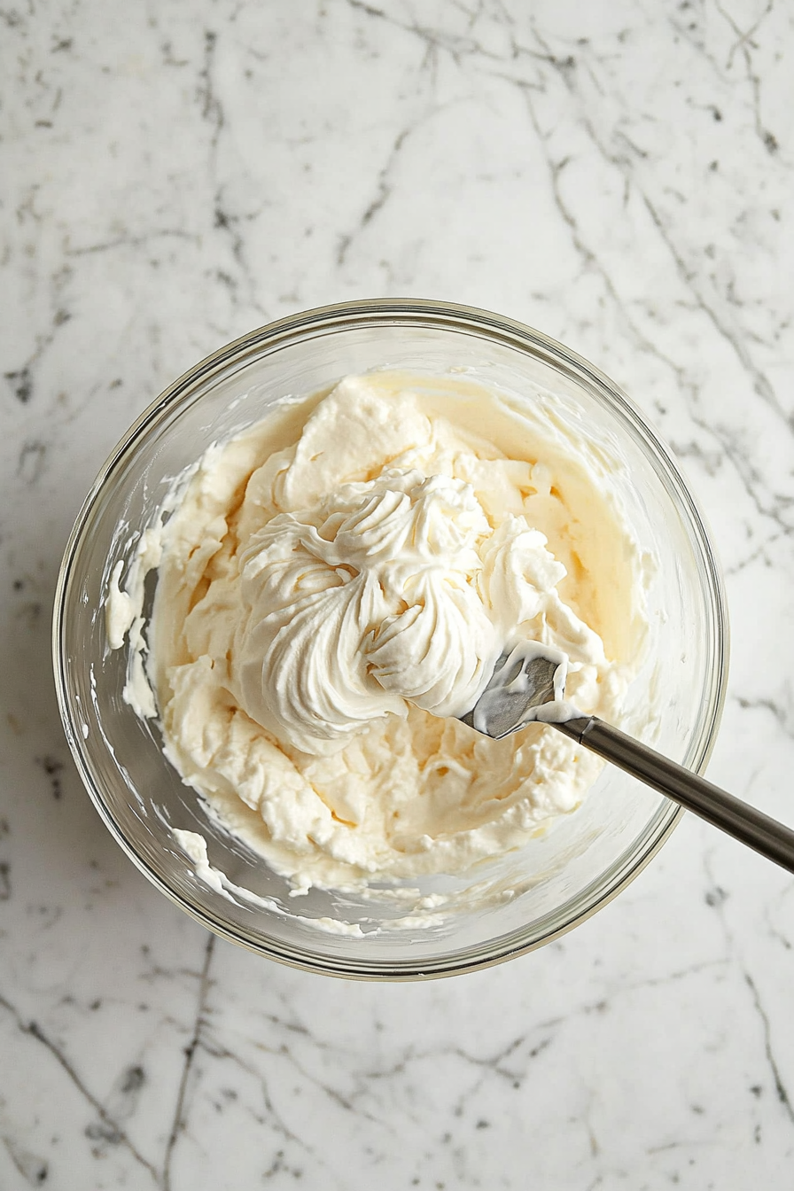 A top-down view of the mixing bowl on the white marble cooktop. Thawed whipped topping is being gently folded into the thickened pudding mixture with a spatula. The whipped topping adds a light, fluffy texture, creating a smooth, airy consistency. The focus is on the careful folding process, integrating the whipped topping into the pudding mixture.