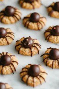 Chocolate spheres, cut in half, are being placed in the dimple of each cooled cookie on the white marble cooktop, forming the spider’s body