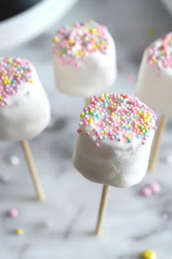 "A piping bag, Ziploc bag, or toothpick is being used to add decorative accents with the melted candy coating on the marshmallows over the white marble cooktop. Candy sprinkles are also being applied for extra decoration.