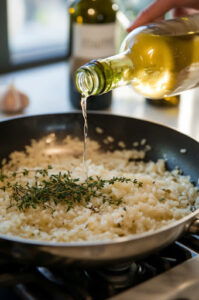 This image shows garlic, thyme, and rice being added to the pan and cooked for an additional minute before wine is poured in.