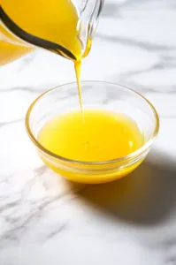 A glass cup placed on the white marble cooktop, with ⅛ cup of lemonade being poured in as the first layer of the drink. The vibrant yellow liquid settles at the bottom of the glass cup.