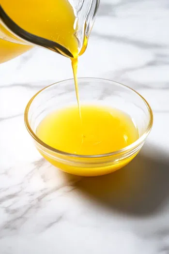 A glass cup placed on the white marble cooktop, with ⅛ cup of lemonade being poured in as the first layer of the drink. The vibrant yellow liquid settles at the bottom of the glass cup.