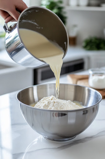 This image shows lukewarm milk and yeast mixture being added to 4 ½ cups of flour in a mixing bowl, preparing for the dough-making process.