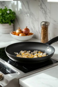 This image shows the remaining 2 tablespoons of olive oil being added to the pan along with chopped onions and ¼ teaspoon of sea salt.