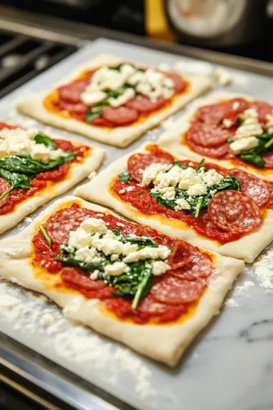 Each rectangle of dough with a heaping teaspoon of pizza sauce spread in the center. Mozzarella cheese, chopped salami, baby spinach, and diced red capsicum are layered over the sauce, leaving the side strips untouched