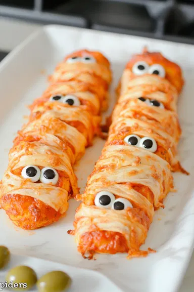 Golden and crispy baked pizza mummies on the white marble cooktop. Each mummy is topped with two edible spooky eyes, and olive 'spiders' are arranged around the plate for a spooky effect. Optionally dusted with flour for a more mummy-like look.