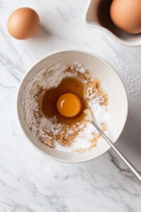 This image shows egg, maple syrup, and milk being added to the dry mixture and gently stirred until just combined.