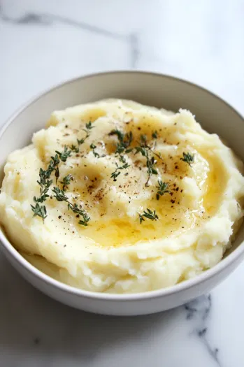 This image shows browned butter being swirled into the mashed potatoes, with sage leaves as a garnish for added flavor.