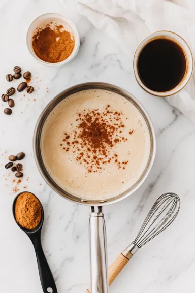 A saucepan with a hot milk mixture on the white marble cooktop. Vanilla extract, pumpkin pie spice, and hot coffee or espresso are being whisked into the mixture. The scene highlights the blending of flavors and spices.